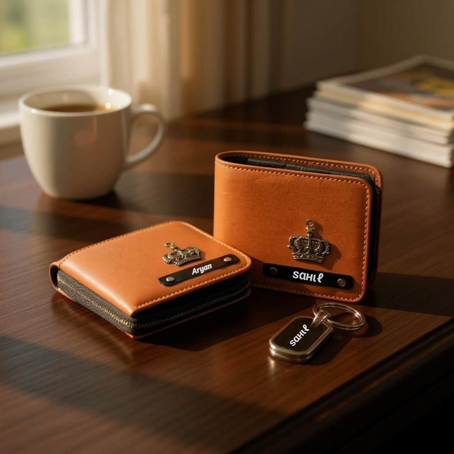 Stario Mark Personalized Blue Leather Wallet, Metal Pen & Keychain Combo | Premium Gift for Husband, Father, Brother, or Friend (Bronze)