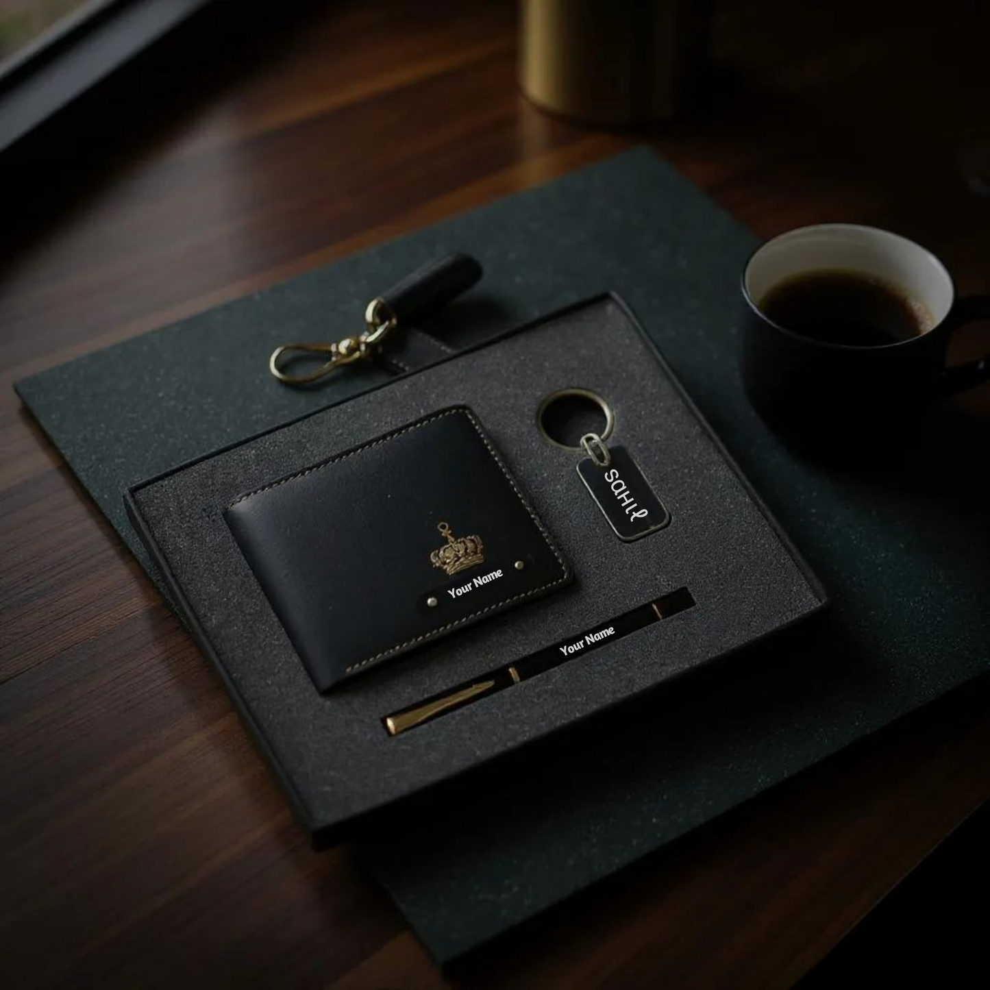 Stario Mark Personalized Blue Leather Wallet, Metal Pen & Keychain Combo | Premium Gift for Husband, Father, Brother, or Friend (Black)