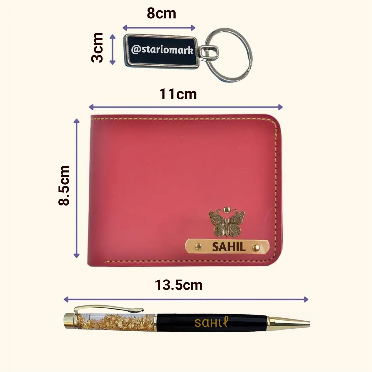 Stario Mark Personalized Blue Leather Wallet, Metal Pen & Keychain Combo | Premium Gift for Husband, Father, Brother, or Friend (Red)