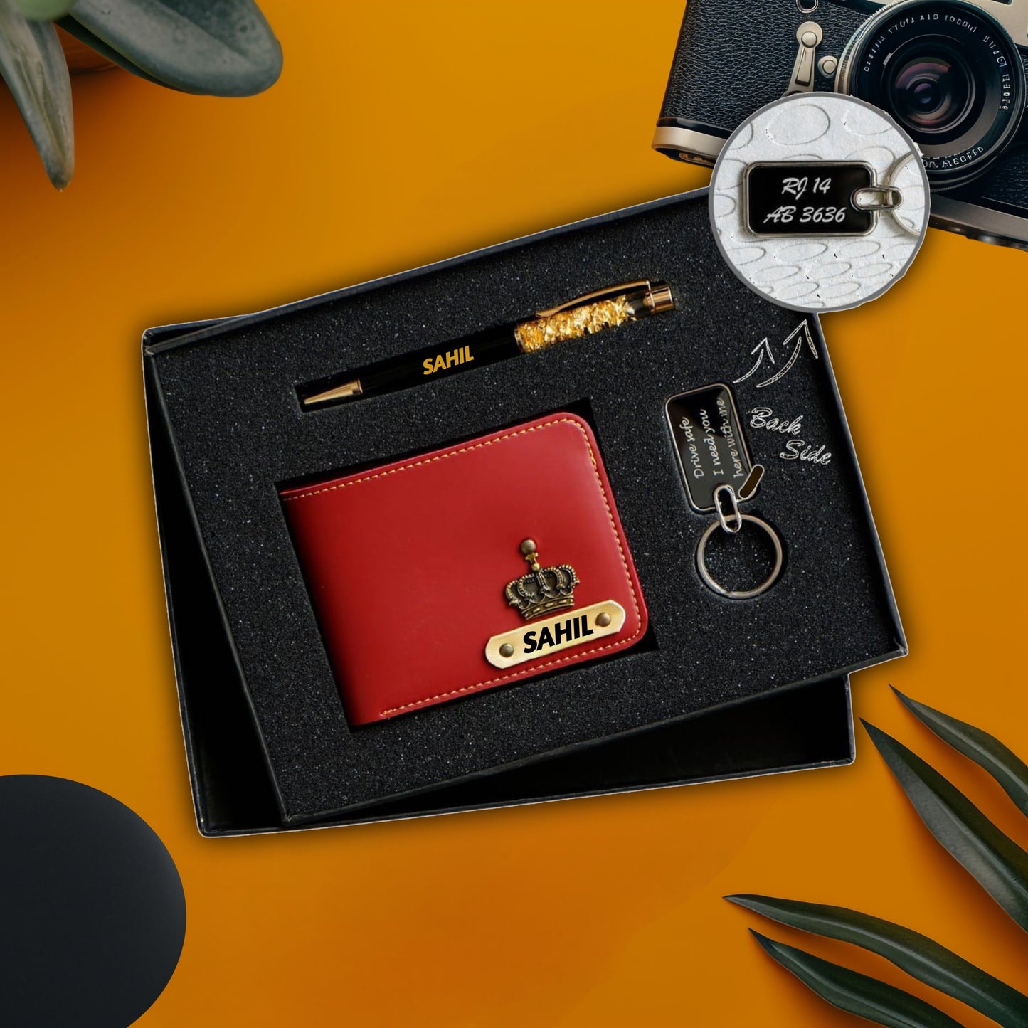 Stario Mark Personalized Blue Leather Wallet, Metal Pen & Keychain Combo | Premium Gift for Husband, Father, Brother, or Friend (Red)