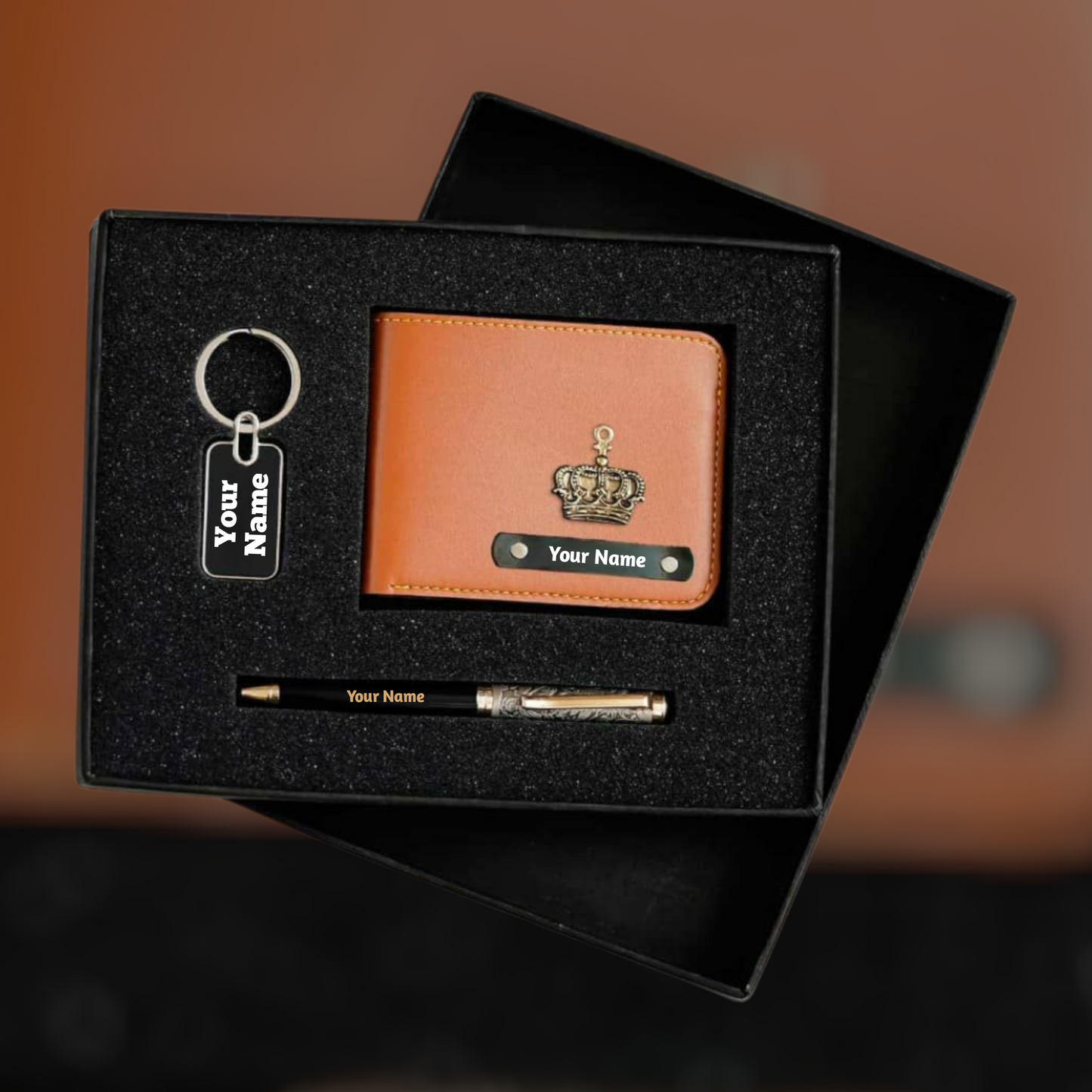 Stario Mark Personalized Blue Leather Wallet, Metal Pen & Keychain Combo | Premium Gift for Husband, Father, Brother, or Friend (Bronze)