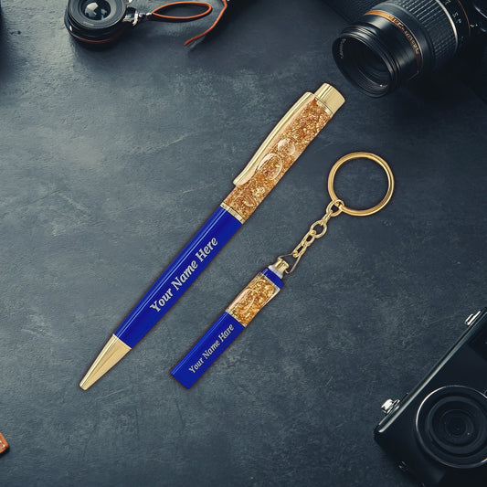 Customized Leather Wallet, Pen & Keychain Gift Set for Men (3-in-1 Combo) – Name Engraved Pocket Wallet with Charms – Personalized Gift in Blue