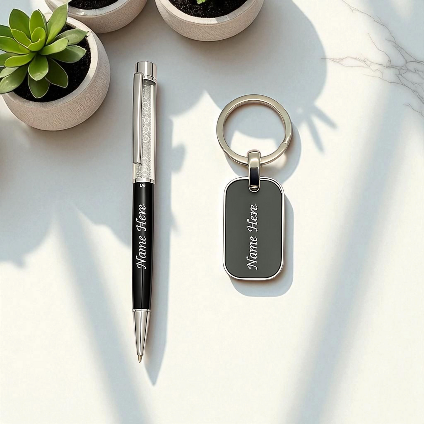 Stario Mark Print Cristal Filled Cap Black Colour Metal Keychain and Pen Gift Set