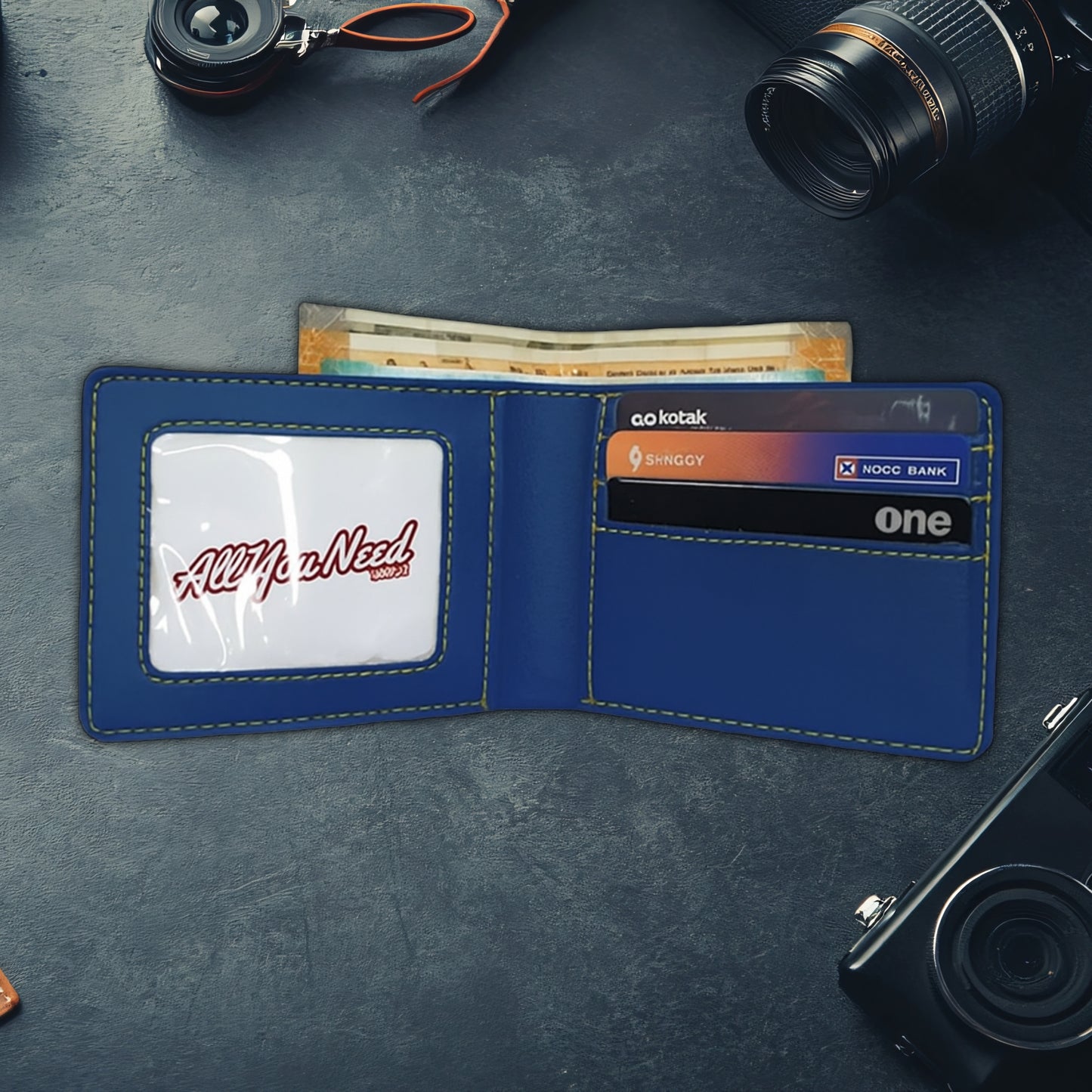Customized Leather Wallet, Pen & Keychain Gift Set for Men (3-in-1 Combo) – Name Engraved Pocket Wallet with Charms – Personalized Gift in Blue
