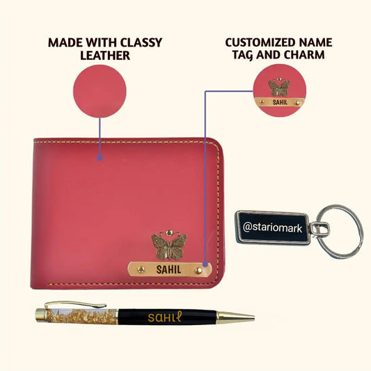 Stario Mark Personalized Blue Leather Wallet, Metal Pen & Keychain Combo | Premium Gift for Husband, Father, Brother, or Friend (Red)