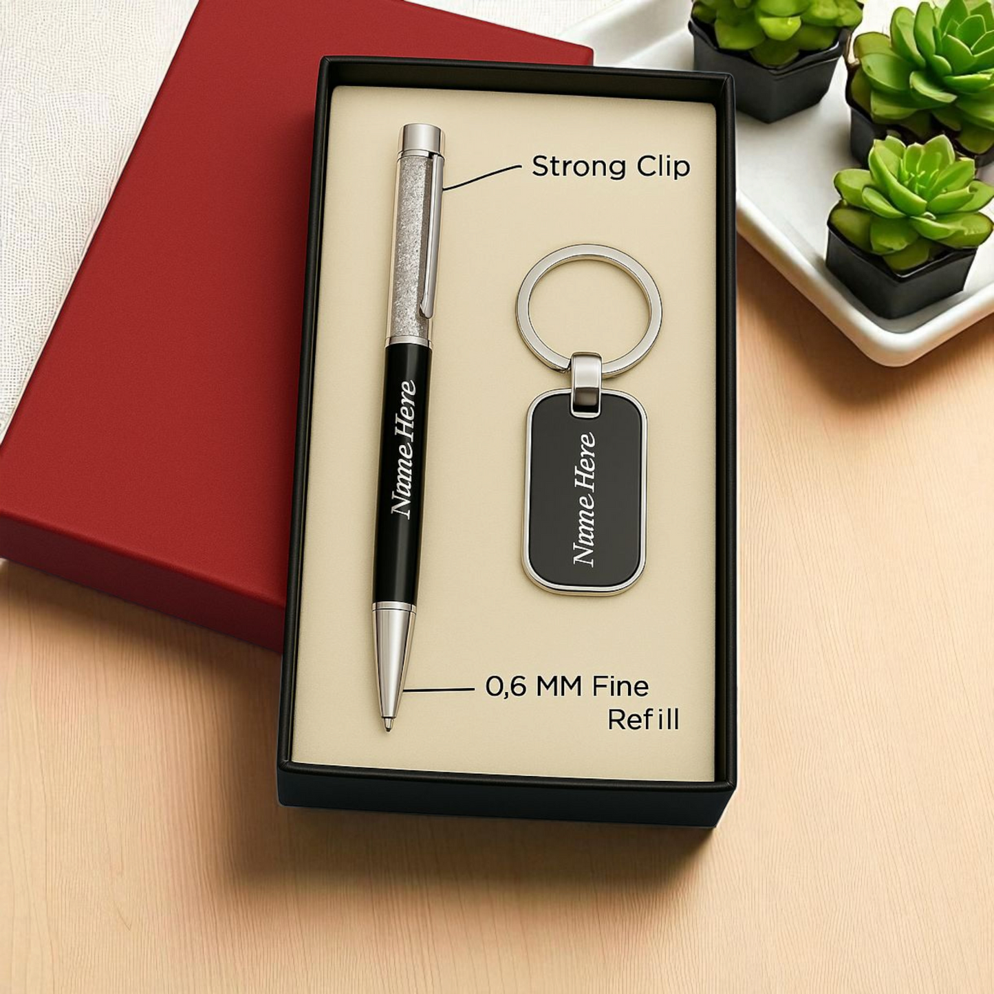Stario Mark Print Cristal Filled Cap Black Colour Metal Keychain and Pen Gift Set
