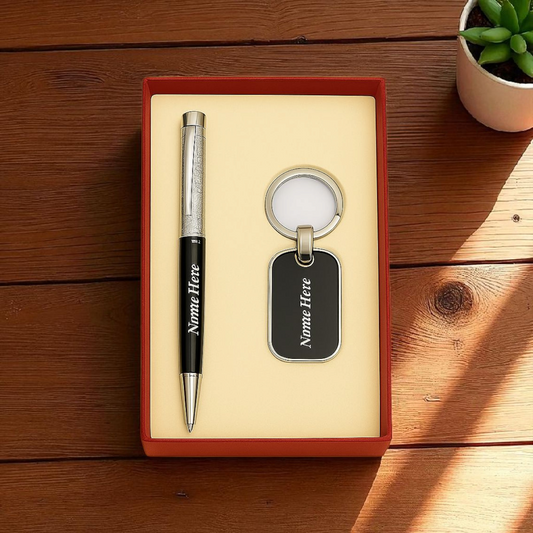 Stario Mark Print Cristal Filled Cap Black Colour Metal Keychain and Pen Gift Set