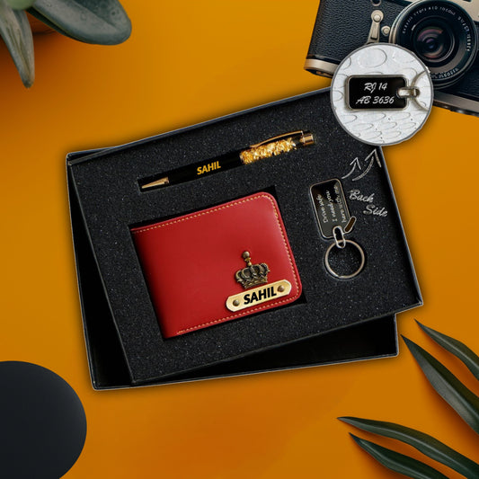 Stario Mark Personalized Blue Leather Wallet, Metal Pen & Keychain Combo | Premium Gift for Husband, Father, Brother, or Friend (Red)