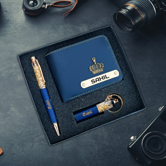 Customized Leather Wallet, Pen & Keychain Gift Set for Men (3-in-1 Combo) – Name Engraved Pocket Wallet with Charms – Personalized Gift in Blue
