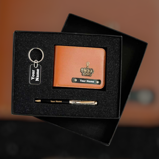 Stario Mark Personalized Blue Leather Wallet, Metal Pen & Keychain Combo | Premium Gift for Husband, Father, Brother, or Friend (Bronze)
